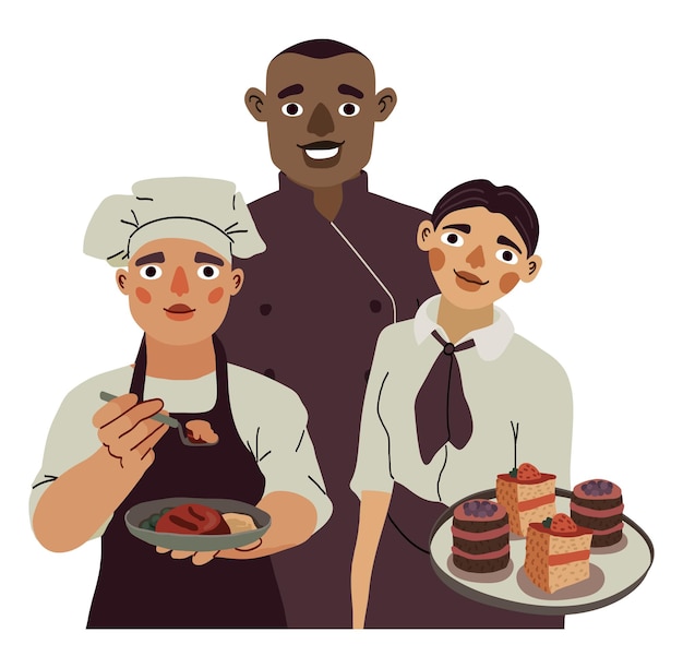 Werkteam van een restaurant of café. een groep chef-koks en obers op een witte achtergrond. vector geïsoleerde illustratie.