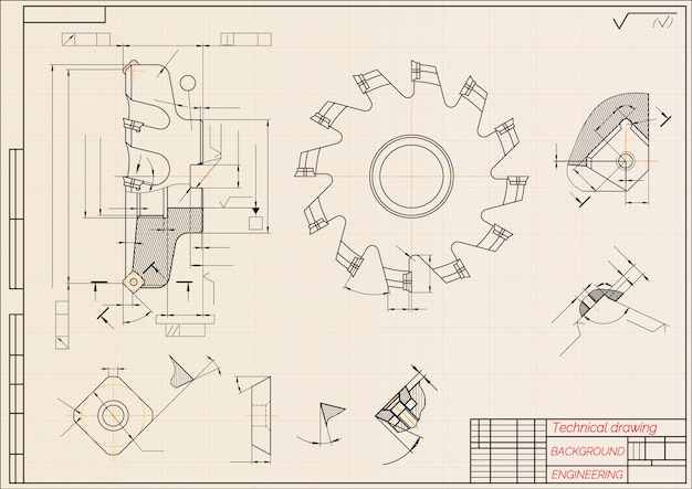 Werktuigbouwkundige tekeningen op beige technische papel, snijgereedschap, frees. Industrieel ontwerp.