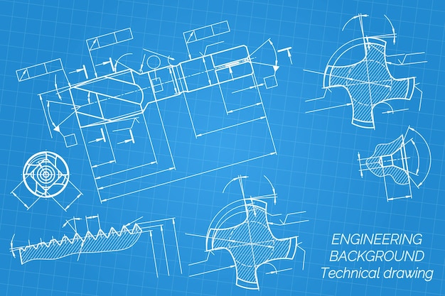 Werktuigbouwkundige tekeningen op blauwe achtergrond Tap tools borer Technisch Ontwerp Cover Blueprint Vector illustratie