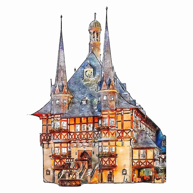 Vettore illustrazione disegnata a mano dell'acquerello di wernigerode germania isolata su priorità bassa bianca