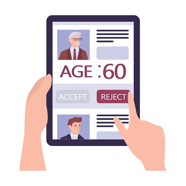 Werving leeftijdsdiscriminatie concept. hr-specialist wijst een oude man cv af. oneerlijkheid en werkgelegenheidsprobleem van senioren. de personeelsafdeling neemt geen mensen van 50 jaar aan.