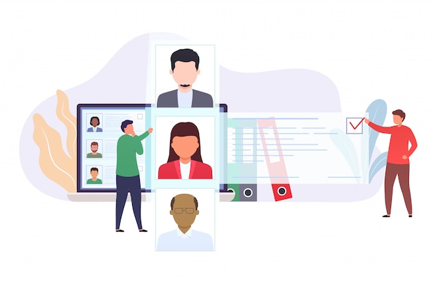 Werving van inhuurpersoneel. Kantoorpersoneel bekijkt de lijst met werkzoekenden. Conceptkeuze arbeiders.
