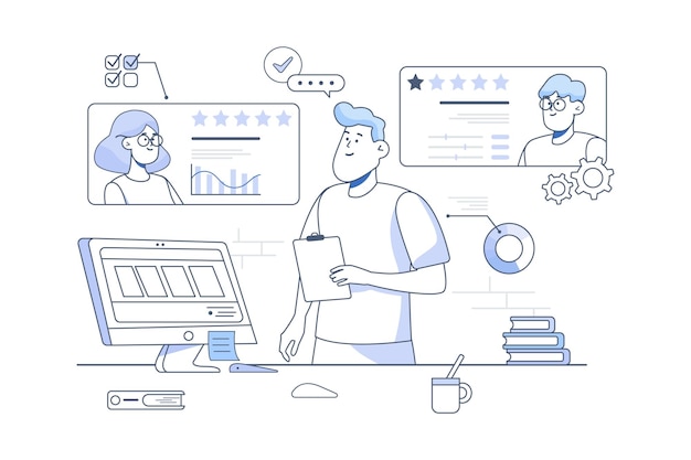 Wervingslijnconcept met mensenscène in de platte cartoonstijl die Manager analyseert