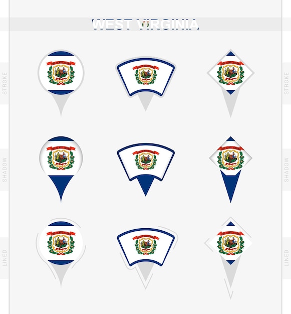 West Virginia flag set of location pin icons of West Virginia flag