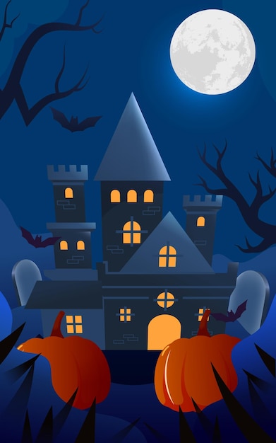 Westelijk Halloween, nachtkerkhofscène met jack-o-lanterns vooraan en oud kasteel op achtergrond,