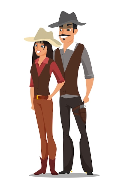 Vector western american ranchers wearing traditional cowboy clothes boots and hats cartoon characters texas man and woman
