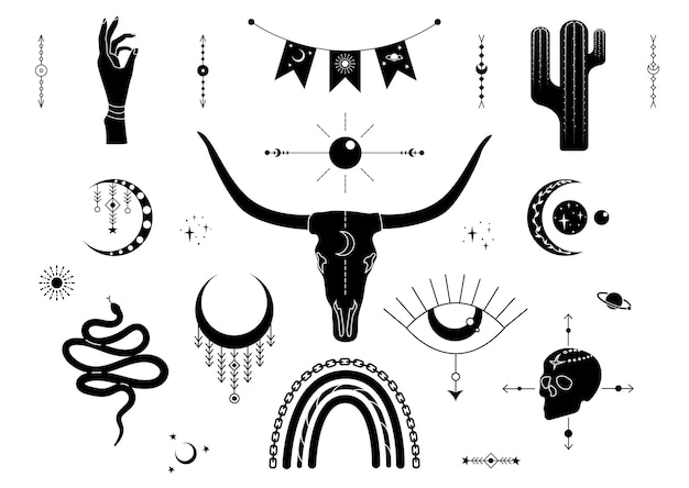 Western boho set vector stickers pack wilde westen, geïsoleerd, zwart en wit