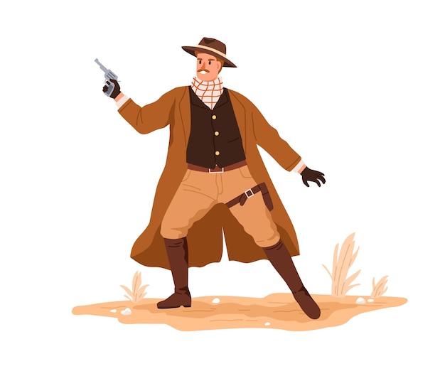 western cowboy in hat, vest and scarf holding pistol in hand. wild west man shooting with handgun. american sheriff with gun in retro clothes. flat vector illustration isolated on white background.