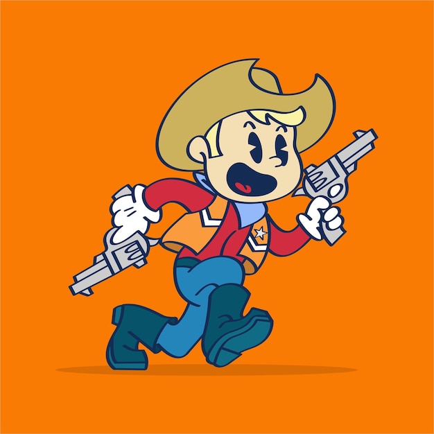 Vector western cowboy running with revolver cartoon character vector hand drawing illustration