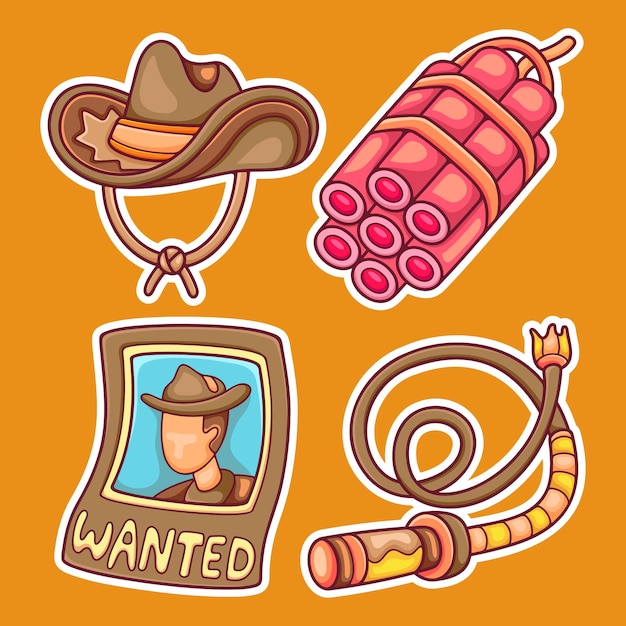 Vector western cowboy sticker icons hand drawn coloring vector