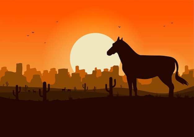 Western desert landscape at sunset vector illustration