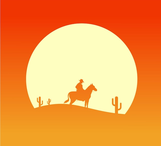 Western desert landscape at sunset with cowboy silhouette vector illustration