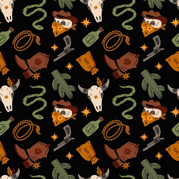 Vector western elements seamless pattern wild west cartoon objects cow bones skull in hat and bandana cowboy boots tequila bottle and cactus robber money bag garish vector background