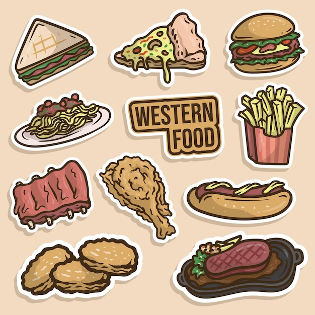 Vector western food cute illustration sticker set