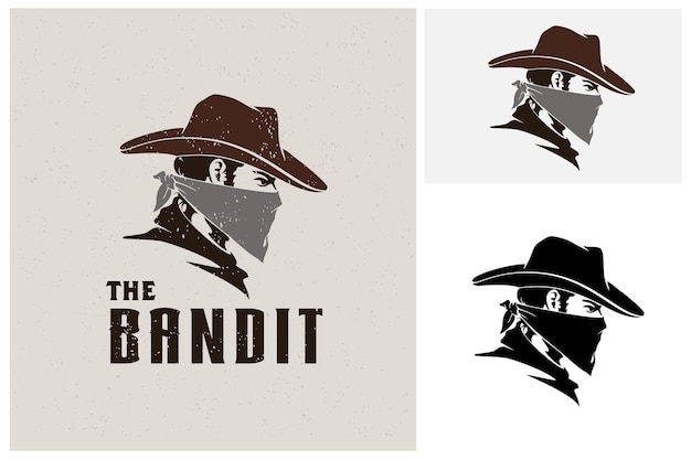 Vettore western gunslinger bandit wild west cowboy gangster con bandana sciarpa maschera silhouette logo
