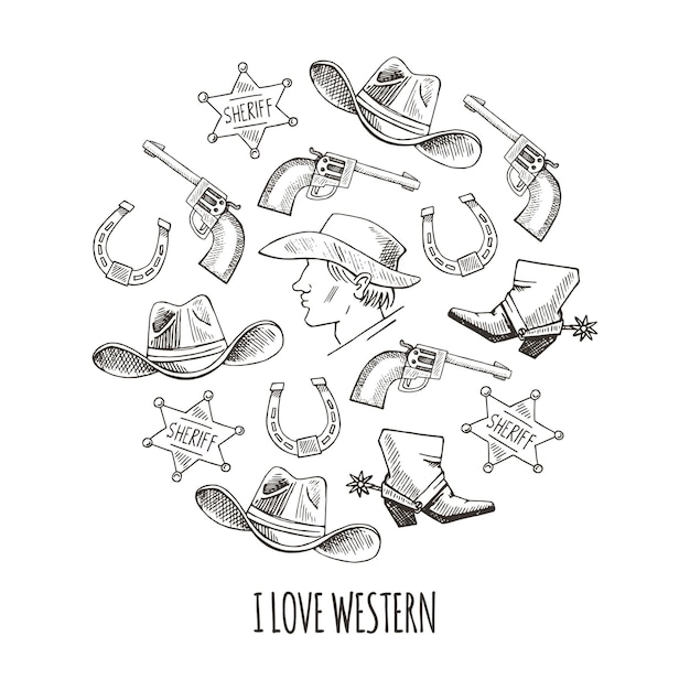 Vector western hand draw sketch vector set. western background.