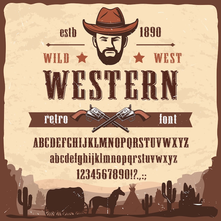 Vector western lettertype wild west-stijl letters, cijfers
