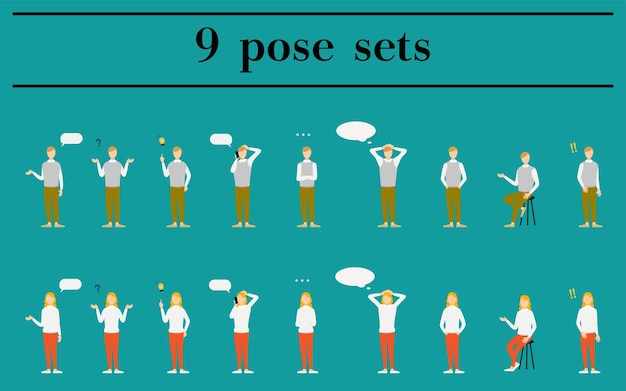 Western men and women pose illustration set