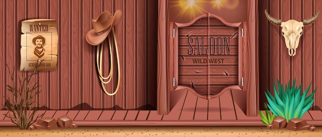 Western saloon door vector background old retro bar wooden entrance vintage wild west pub banner