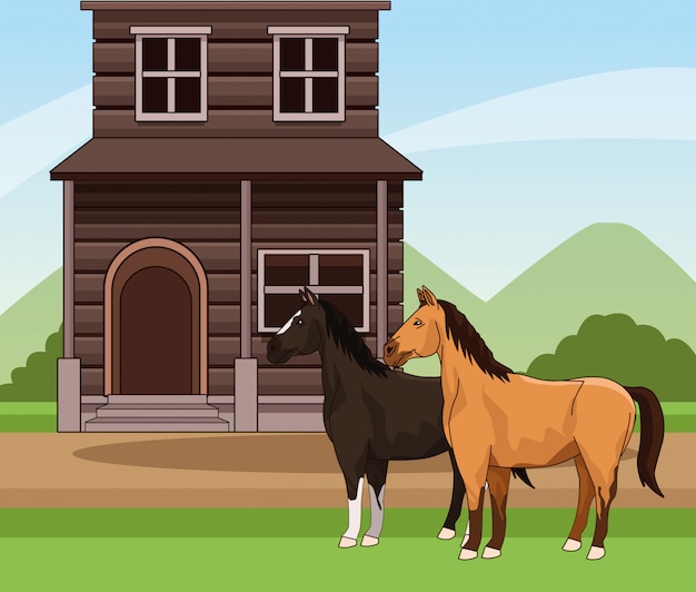 Vector western scenery with horses and wooden building over landscape