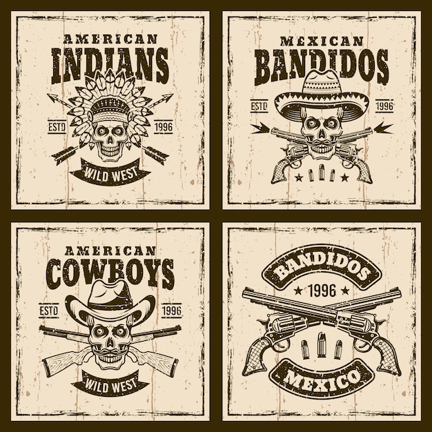 Vector western set of emblems on background with textures