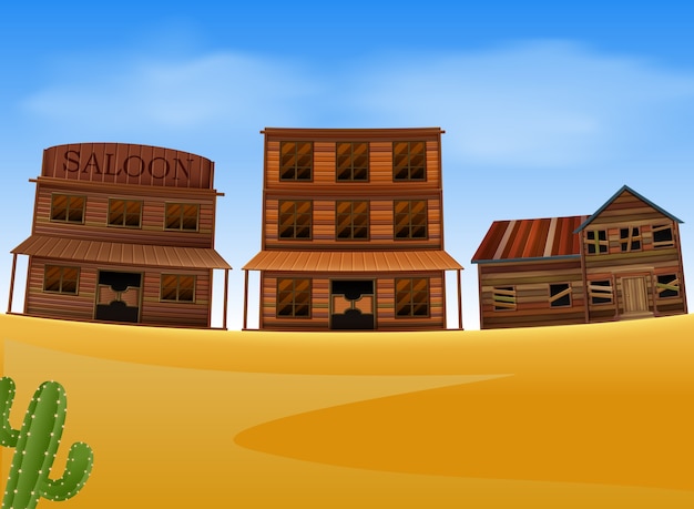 Vector western town scene with wooden building