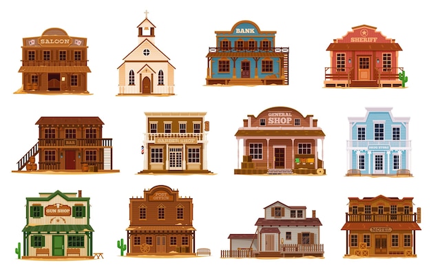 Vector western wild west town cartoon buildings set