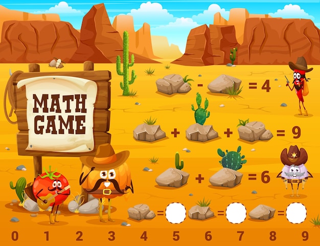 Western wiskunde spel werkblad Wild West personages stenen en woestijn Vector puzzel met tomaten pompoen knoflook en chili peper cowboy sheriff of overvaller personages Vermaak wiskunde raadsel