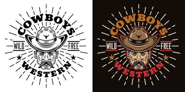 Westerse vector vintage embleem label badge of logo met cowboy hoofd illustratie in twee stijlen zwart op wit en kleurrijk op donkere achtergrond