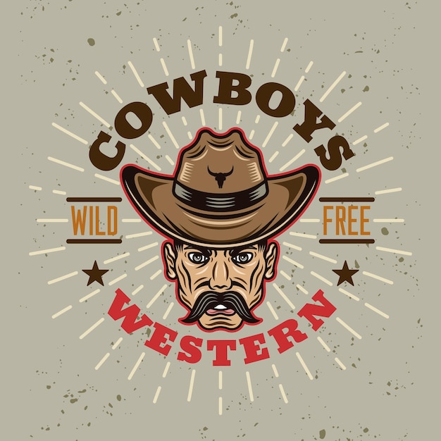 Westerse vector vintage ronde embleem label badge of logo met cowboy hoofd in kleurrijke cartoon stijl op lichte achtergrond