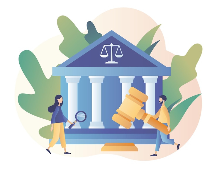Vector wet en rechtvaardigheid concept justitie schalen rechter gebouw en rechter hamer hooggerechtshof moderne platte cartoon stijl vectorillustratie op witte achtergrond