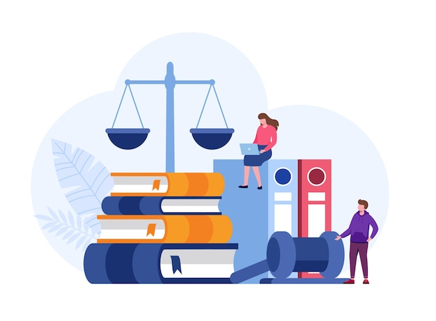 Wet en rechtvaardigheid scènes advocaat raadpleging cliënt rechter kloppen met houten hamer Juridisch advies concept Flat vector illustratie banner