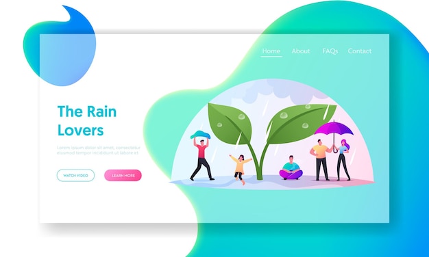 Wet Rainy Autumn or Spring Weather Landing Page Template. Tiny Characters with Umbrellas Hiding from Rain under Huge Plant, Cold Water Pour From Sky, People Drink Tea Walk. Cartoon Vector Illustration