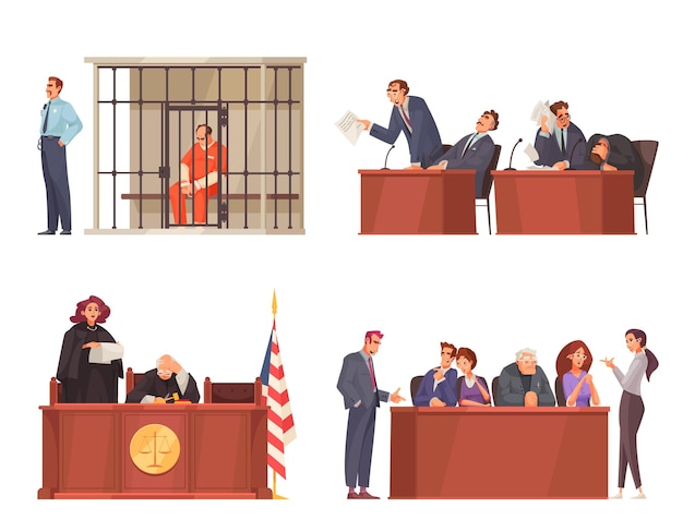Wet rechtvaardigheid composities set met houten tribunes en zittende rechters proefjury en gevangenen in kooi vectorillustratie