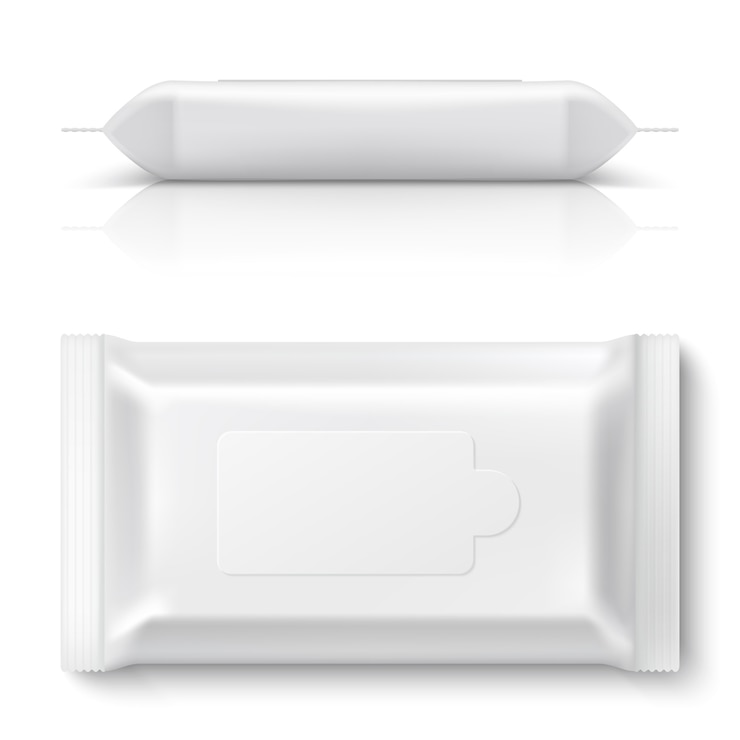 Vector wet wipes flow pack. realistic white  wipe packaging 3d empty blank pillow pack  plastic tissue box