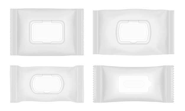 Vector wet wipes packaging with flap white flow pack mockup pouch of wet toilet tissue antibacterial napkin