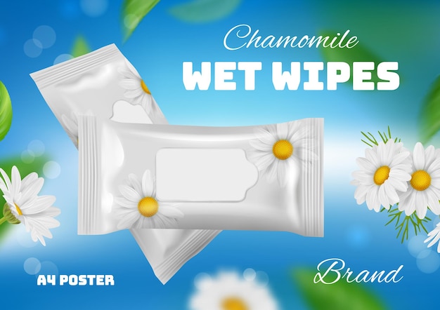 Wet wipes poster ads placard of cleaning fresh tissues decent vector templates with place for text