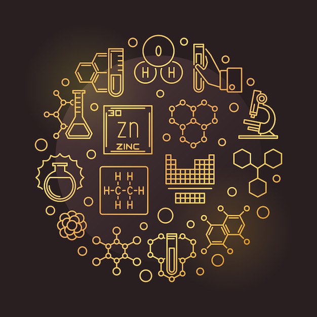 Wetenschap en chemie gouden ronde overzicht pictogram illustratie