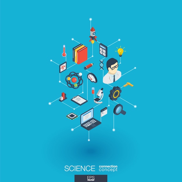 Wetenschap geïntegreerde web iconen. digitaal netwerk isometrisch interactieconcept. verbonden grafisch punt- en lijnsysteem. abstracte achtergrond voor laboratoriumonderzoek en innovatie. infograph