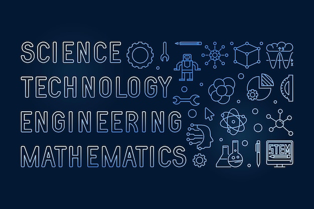 Wetenschap Technologie Engineering Wiskunde STEM concept dunne lijn horizontale blauwe banner