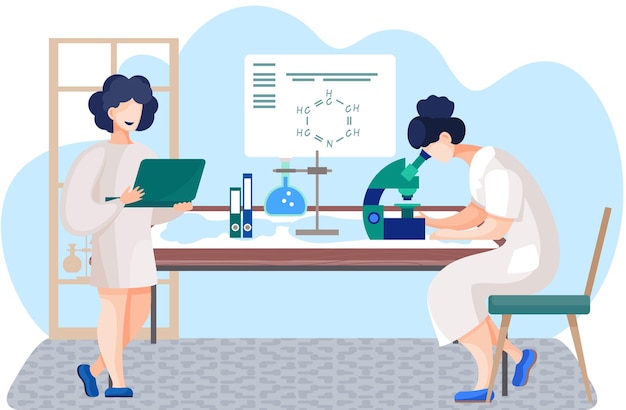 Wetenschappelijk onderzoek in het laboratorium Wetenschappers voeren experimenten uit Laboratorium met formules op de achtergrond Een vrouw kijkt door een microscooplens Meisje werkt op laptop