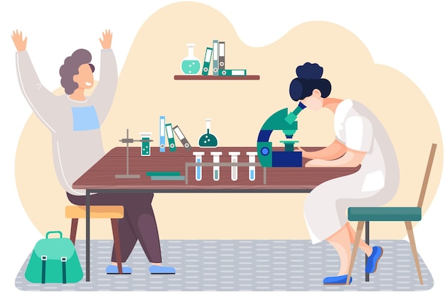 Wetenschappelijk onderzoek Vrouw aan het werk met de apparatuur op tafel Glimlachende man die een experiment uitvoert Man verheugt zich en steekt zijn handen omhoog Vrouwelijke wetenschapper kijkt door een microscoop