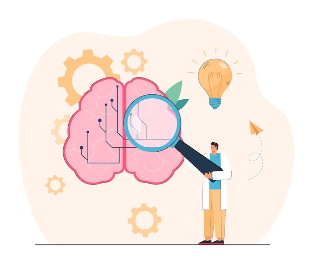 Vector wetenschapper of ingenieur onderzoekt enorme hersenen met vergrootglas