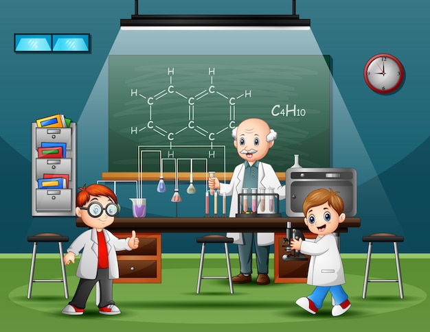Wetenschappermannetje in de laboratoriumruimte met kinderen