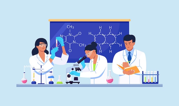 Wetenschappers die wetenschappelijk onderzoek, analyse en tests van vaccins uitvoeren. Biochemisch wetenschappelijk laboratoriumpersoneel dat verschillende experimenten uitvoert. Ontwikkelingen en ontdekkingen in de microbiologie, chemie