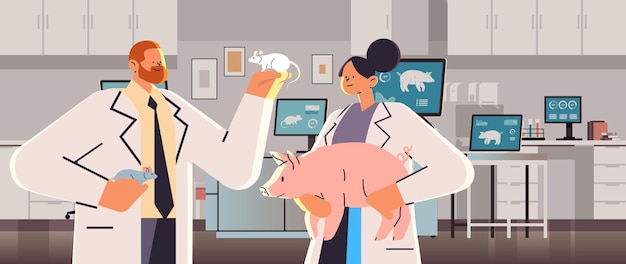 Wetenschappers of veterinaire werknemers die experimenten doen in het laboratorium met proefdieren biologische genetische manipulatie onderzoek moderne laboratorium interieur portret vectorillustratie