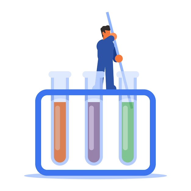 Vector wetenschappers werken in een laboratorium met reageerbuizen vectorillustratie in vlakke stijl