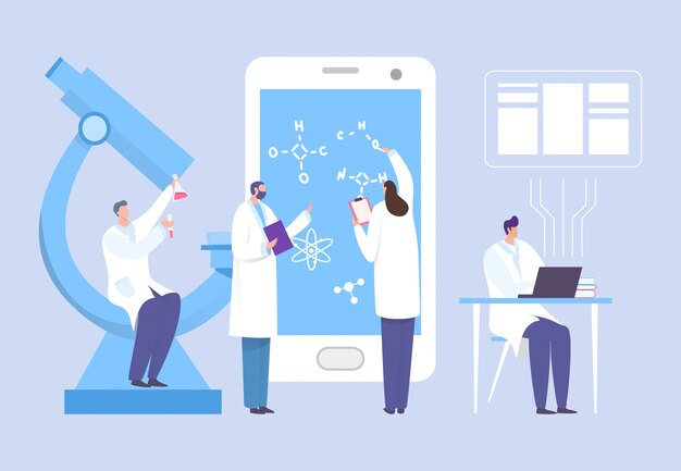 Wetenschapsgroep die in de illustratie van het laboratoriumconcept werken. Man en vrouw formuleren vaccinformule op elektronisch apparaat