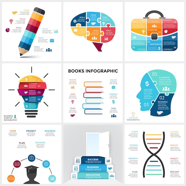 Wetenschapsonderwijs en geneeskunde infographic sjablonen dia's 9 in 1