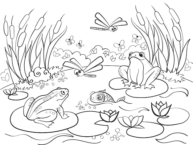 Wetland landscape with animals coloring vector for adults